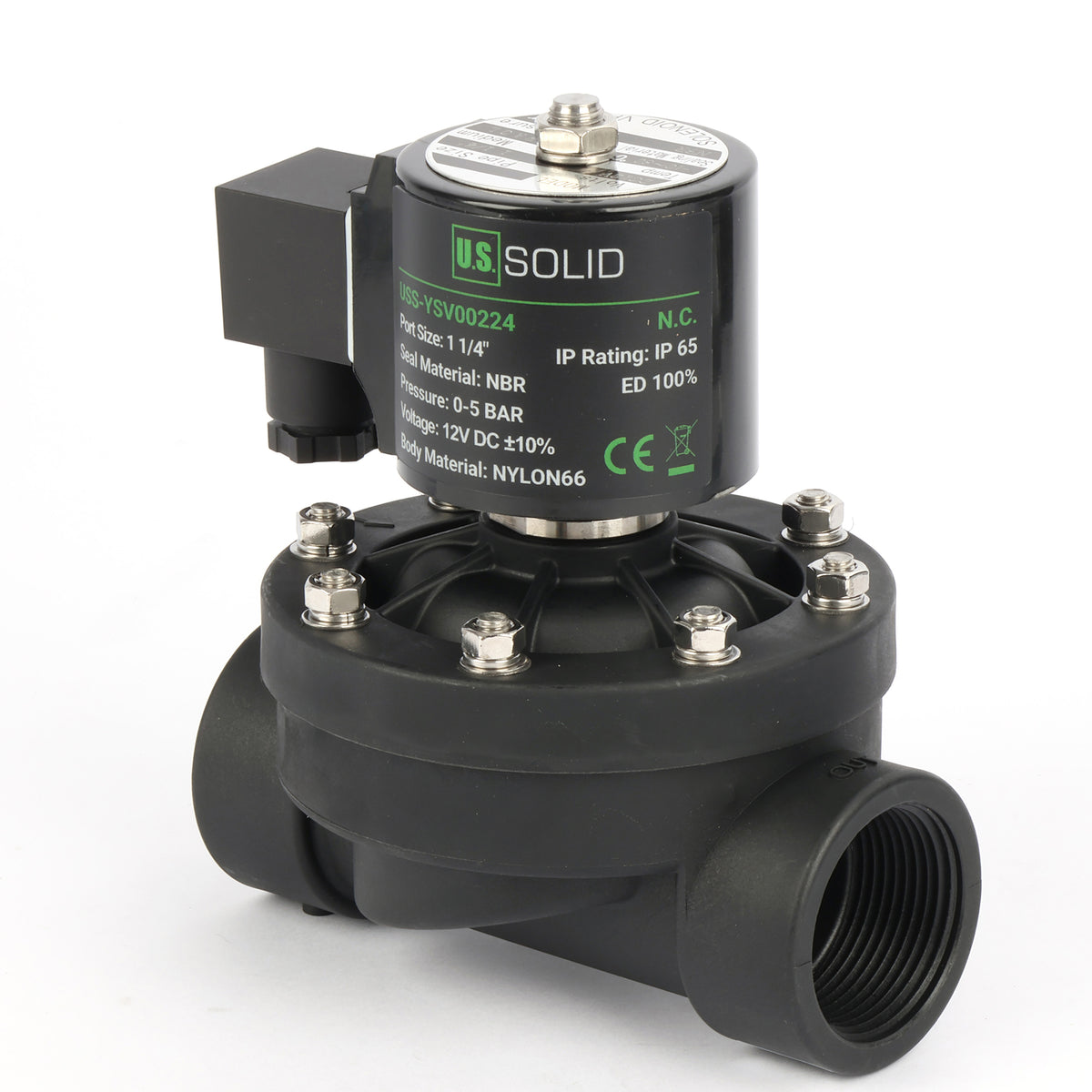 1-1/4" Plastik PA66 Solenoid Vana 12V DC, 0-5 Bar, Normalde Kapalı, NBR Contalı, Su ve Hava için