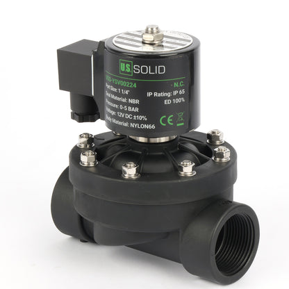 1-1/4" Plastik PA66 Solenoid Vana 12V DC, 0-5 Bar, Normalde Kapalı, NBR Contalı, Su ve Hava için