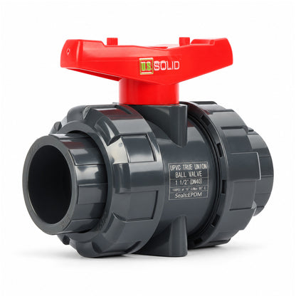 Valvola a sfera True Union in PVC da 1-1/2", passaggio totale, attacco a innesto, compatibile con Schedule 40 e 80, 150 psi, sede in PTFE, O-ring in EPDM.