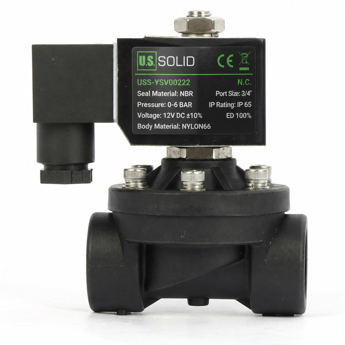 3/4" plast PA66 magnetventil 12V DC, 0-6 bar, normalt lukket, NBR-tetning for vann, luft