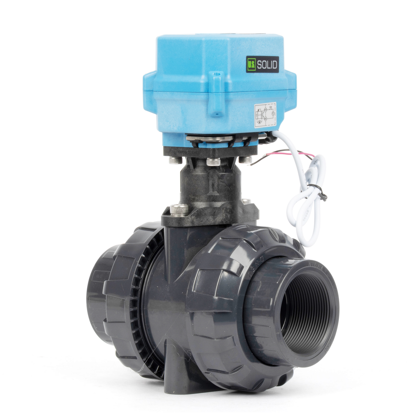 2" UPVC Motorized Ball Valve, Full Port, 9–24V AC/DC, 2-Wire Auto Return, IP67, Normally Closed with Manual Reset