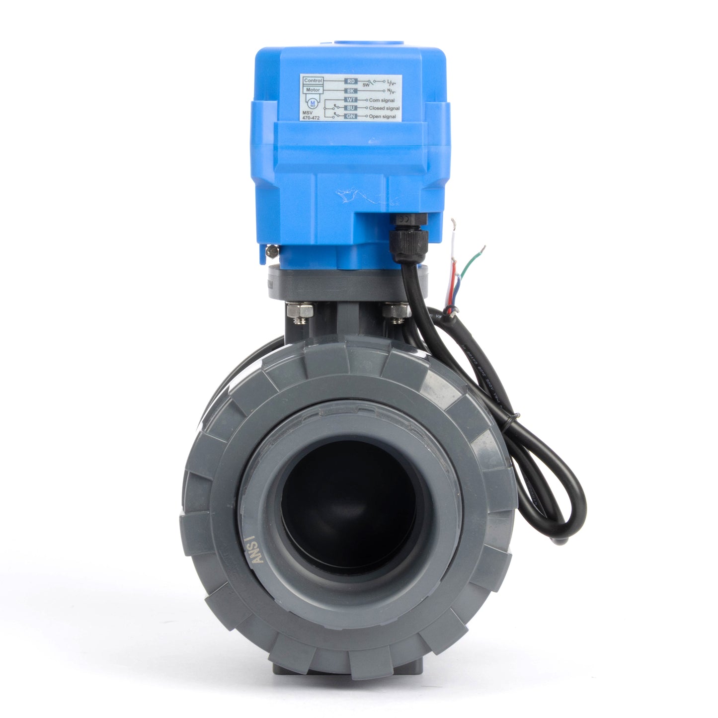 Katup Bola Bermotor UPVC Sambungan Ganda 2" - DC 24V, 5 Kabel dengan Umpan Balik Sinyal, Pengembalian Otomatis, Tertutup Normal & Pengoperasian Manual, Segel EPDM