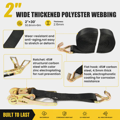 4-Pack 2 in x 29.5 ft Ratchet Tie Down Straps, 10,000 lb Break Strength, J-Hooks