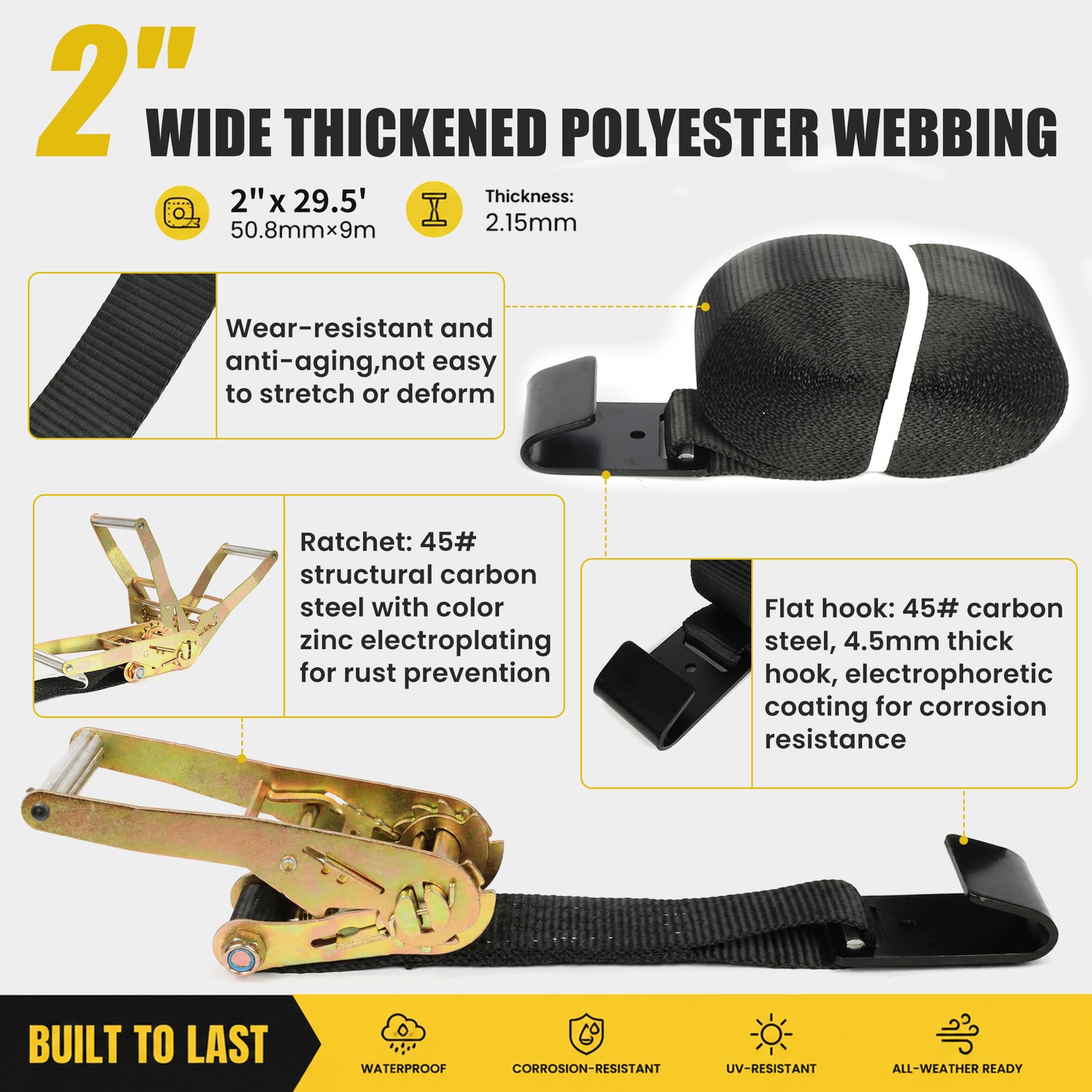4-Pack 2 in x 29.5 ft Ratchet Tie Down Straps, 10,000 lb Break Strength, Double Flat Plate Hooks