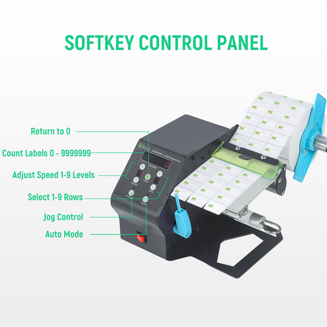 U.S. Solid Automatic Label Dispenser for Translucent/Opaque Labels Rolls and Fan-fold Labels, LED Counter, Preset Quantity, Width 5-80 MM