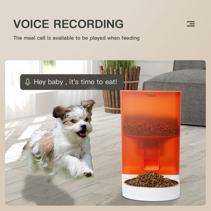 وحدة تغذية أوتوماتيكية للحيوانات الأليفة - موزع طعام للقطط والكلاب باللون البرتقالي مع وعاء من الفولاذ المقاوم للصدأ ومسجل صوت وبطارية