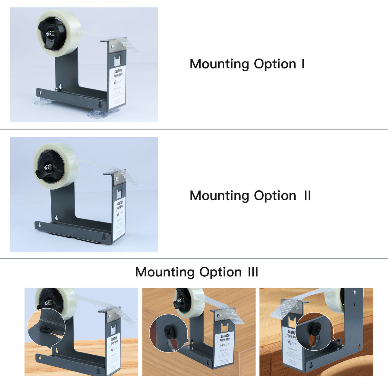 U.S. Solid 2” Desktop Tape Dispenser - 3 Mounting Options