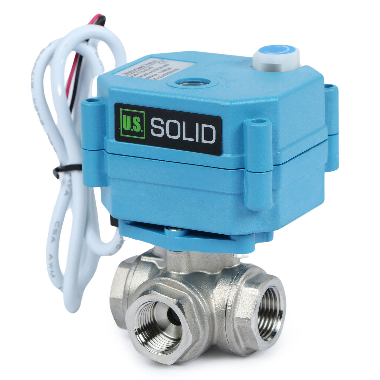 U.S. Solid 3/8" 3 Way Stainless Steel Motorized Ball Valve, AC110-230V, L Type, Standard Port, with Manual Function, IP67