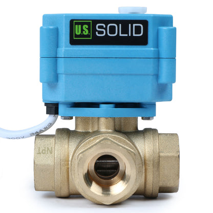 U.S. Solid 3/4" 3 Way Brass Motorized Ball Valve, AC110-230V, L Type, Standard Port, with Manual Function, IP67