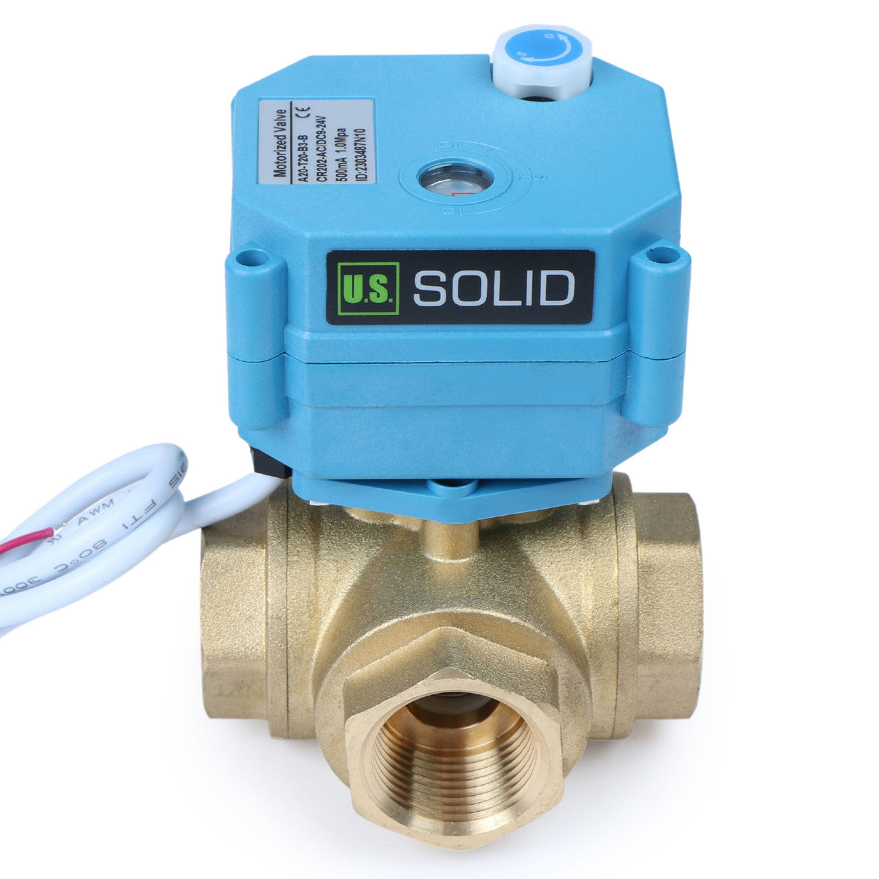 U.S. Solid 3/4" 3 Way Brass Motorized Ball Valve, 9-24V AC/DC, L Type, Standard Port, with Manual Function, IP67