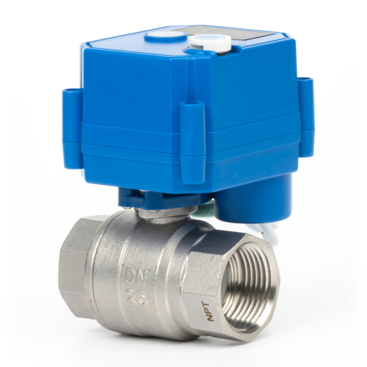 1" Motorized Ball Valve with Manual Function - 2 Wire Auto Return, Stainless Steel, 85-265V AC, Full Port, Normally Closed