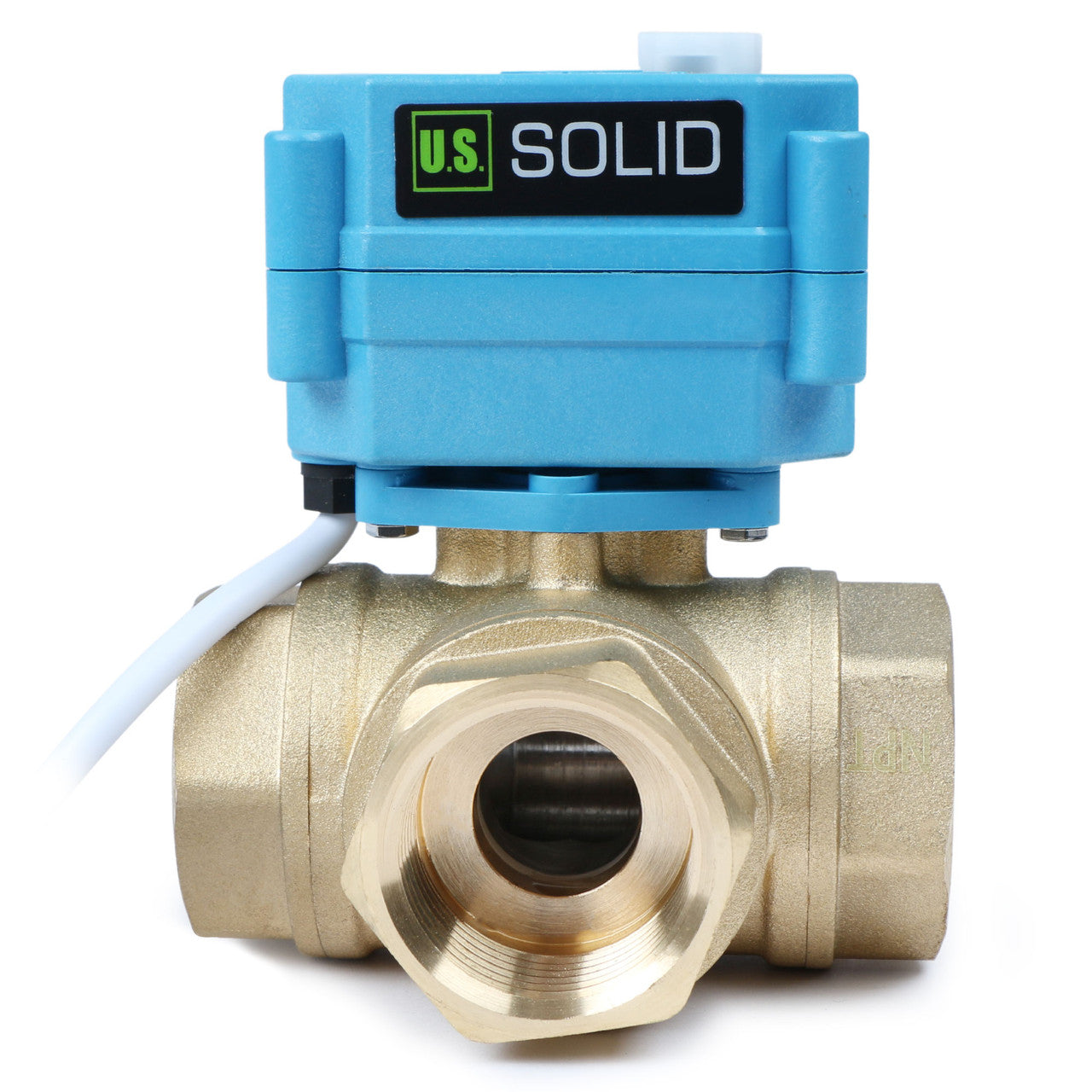 U.S. Solid 1" 3 Way Brass Motorized Ball Valve, AC110-230V, L Type, Standard Port, with Manual Function, IP67