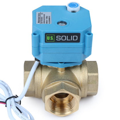 U.S. Solid 1" 3 Way Brass Motorized Ball Valve, 9-24V AC/DC, L Type, Standard Port, with Manual Function, IP67