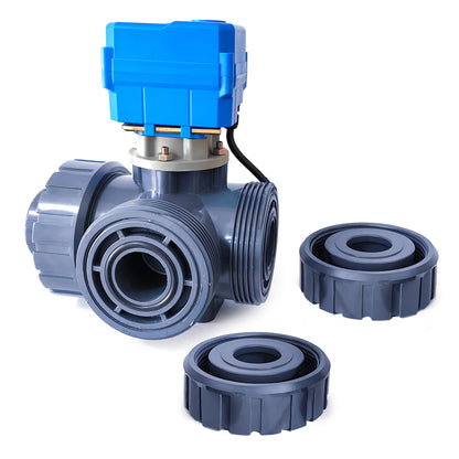 1-1/4" UPVC 3-Way Motorized Ball Valve (T2 Type), 5 Wire with Signal Feedback, Union & Socket End, DC 24V, with Manual Override