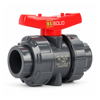 Vanne à bille à union véritable en PVC 1", passage intégral, emboîtement coulissant, compatible Schedule 40 et 80, 150 psi, siège en PTFE, joint torique en EPDM, lot de 2