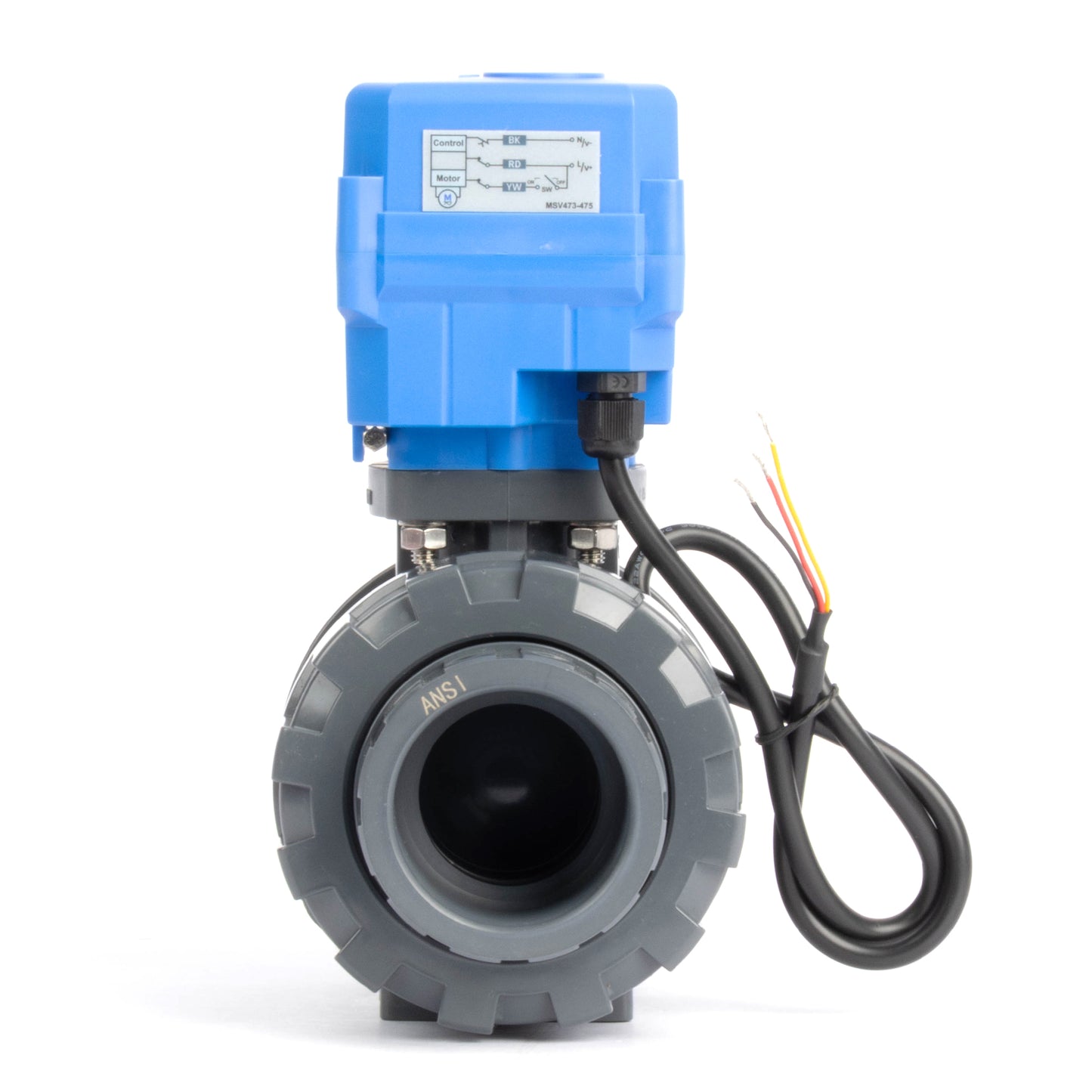 Válvula de bola motorizada de UPVC de doble unión de 1-1/2" - 24 V CC, control único de 3 cables, con anulación manual y sello de EPDM.