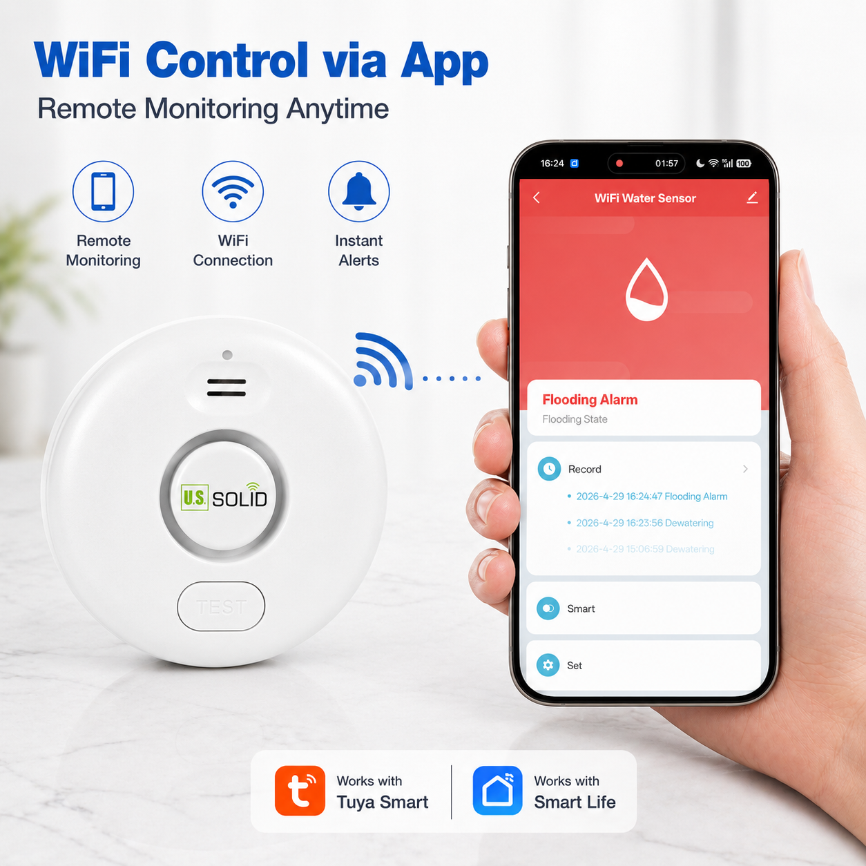 Kit com 5 detectores de vazamento de água Wi-Fi, alarme de inundação com sensor de aplicativo Tuya Smart, alerta sonoro de 120dB, notificação em tempo real.