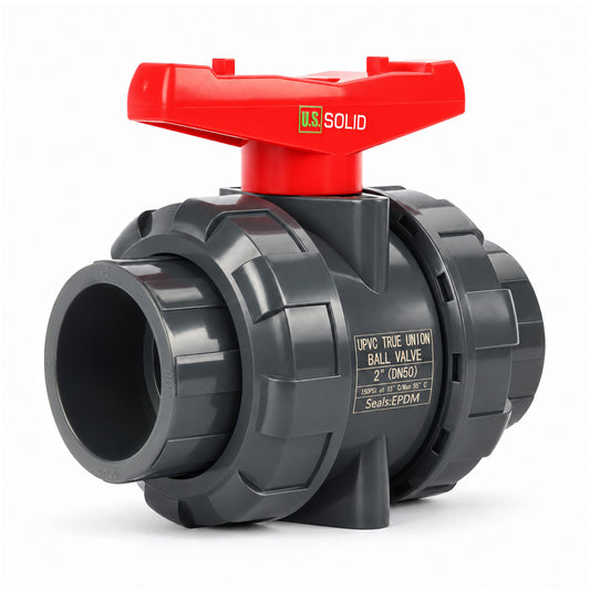 2インチ PVC トゥルーユニオンボールバルブ、フルポート、スリップソケット、スケジュール40および80対応、150psi、PTFEシート、EPDM Oリング