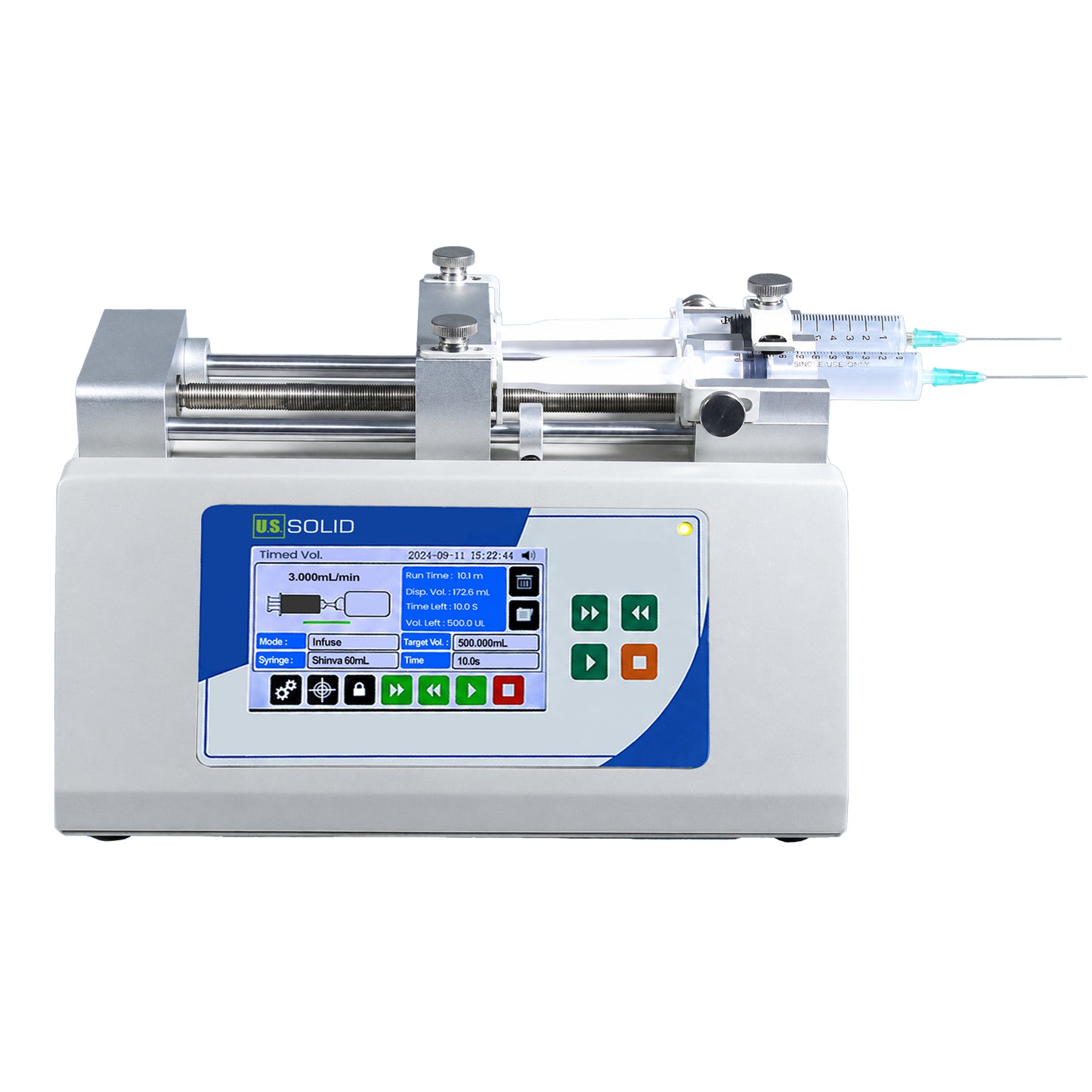 Slimme spuitpomp met twee kanalen, infusie/afname, 4,3-inch touchscreen, nauwkeurigheid ≤ ±0,1%, 0,0031 nL/min – 109,136 mL/min