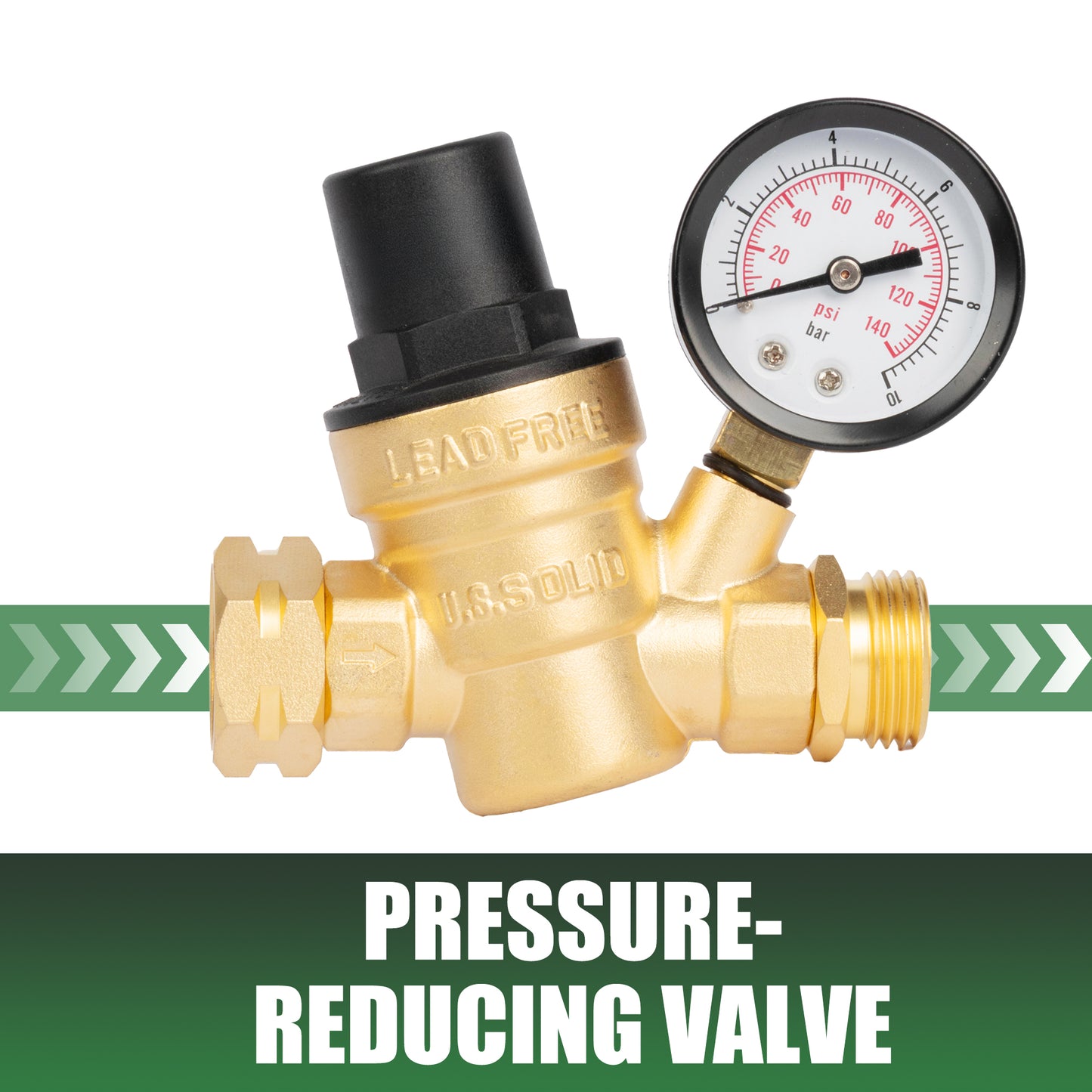 3/4" GHT RV Water Pressure Regulator - Screwdriver Adjustable, Brass, with Gauge & Inlet Filter