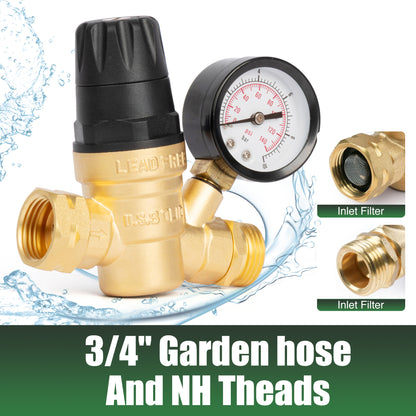 3/4" GHT RV Water Pressure Regulator - Hand Adjustable, Brass, with Gauge & Filter