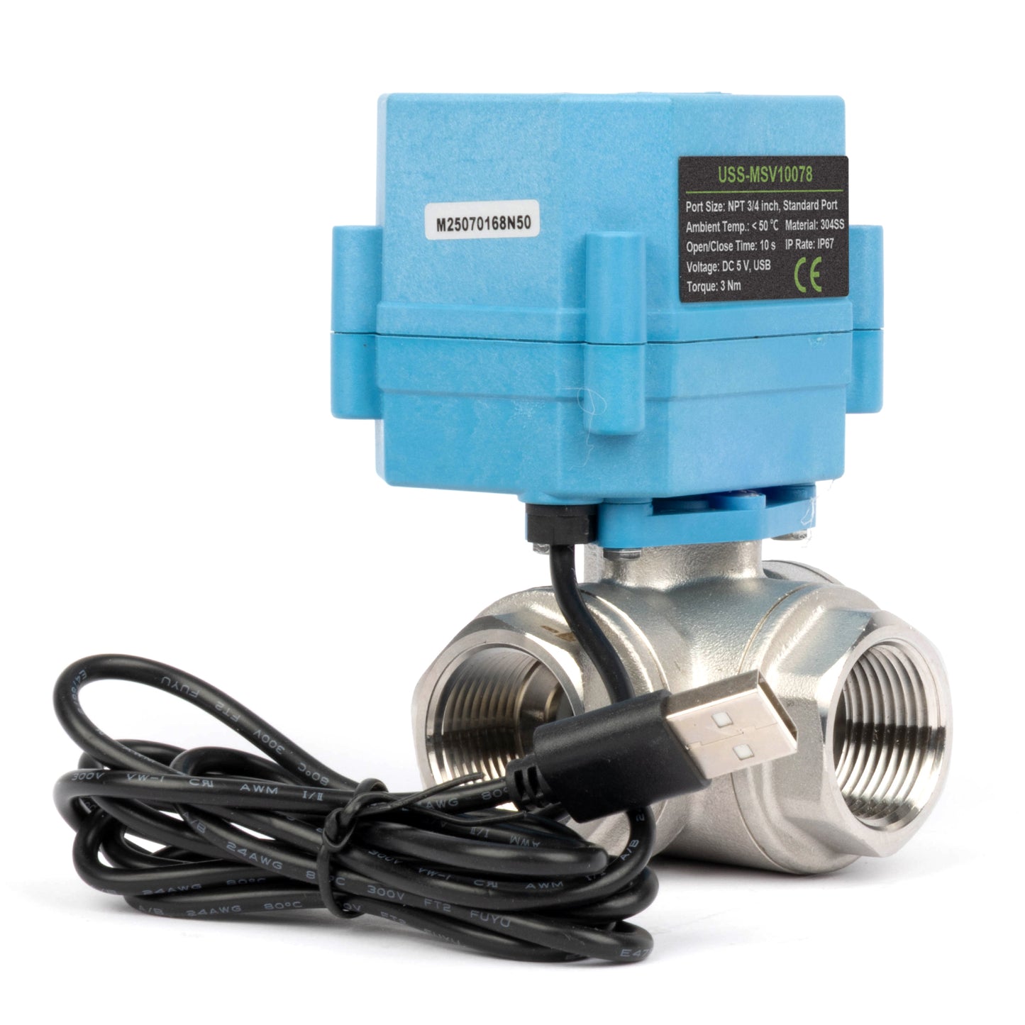 3/4" WiFi Älykäs moottoroitu palloventtiili, 3-tie 4-asentoinen ruostumaton teräs 304, USB-virtalähde, LED-tilanilmaisin, virtaussuunnan ikkuna, NSF-sertifioitu