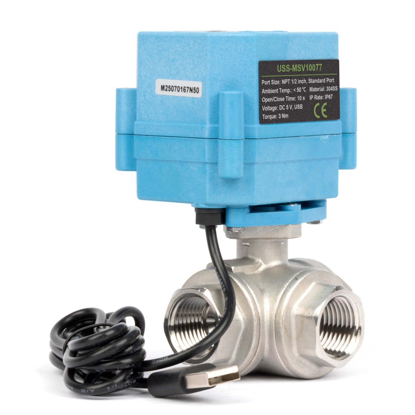 1/2" WiFi Älykäs moottoroitu palloventtiili, 3-tie 4-asentoinen ruostumaton teräs 304, USB-virtalähde, LED-tilanilmaisin, virtaussuunnan ikkuna, NSF-sertifioitu