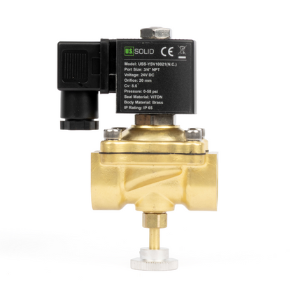Válvula solenoide elétrica de latão de 3/4", acionamento manual, normalmente fechada, 24 V CA