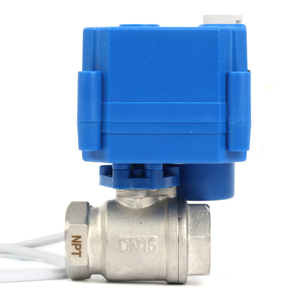 Motorized Ball Valve- 1/2" Stainless Steel Ball Valve with Manual Function, Full Port, 9-24V AC/DC and 2 Wire Auto Return Setup, Normally Open