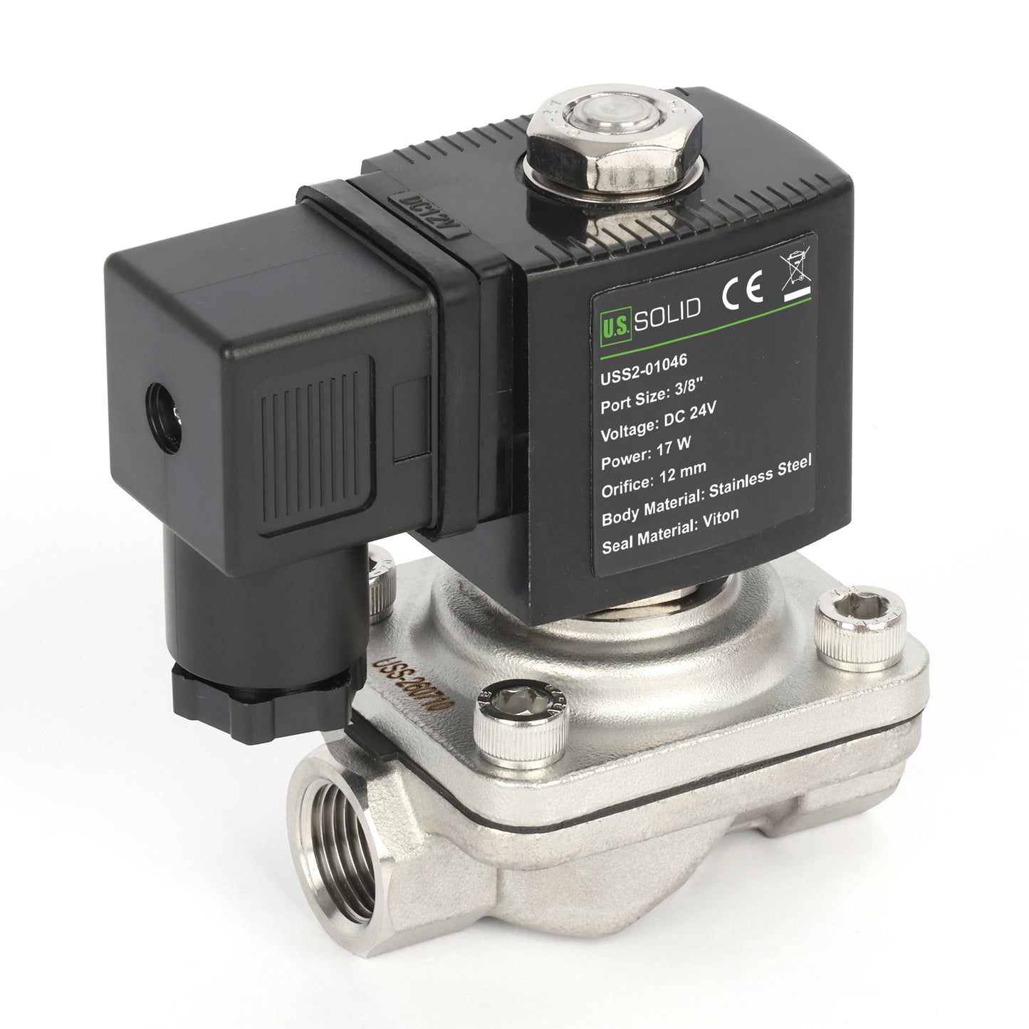 Électrovanne 3/8" - Acier inoxydable 24 V CC normalement fermée avec joint Viton, type boîte de jonction