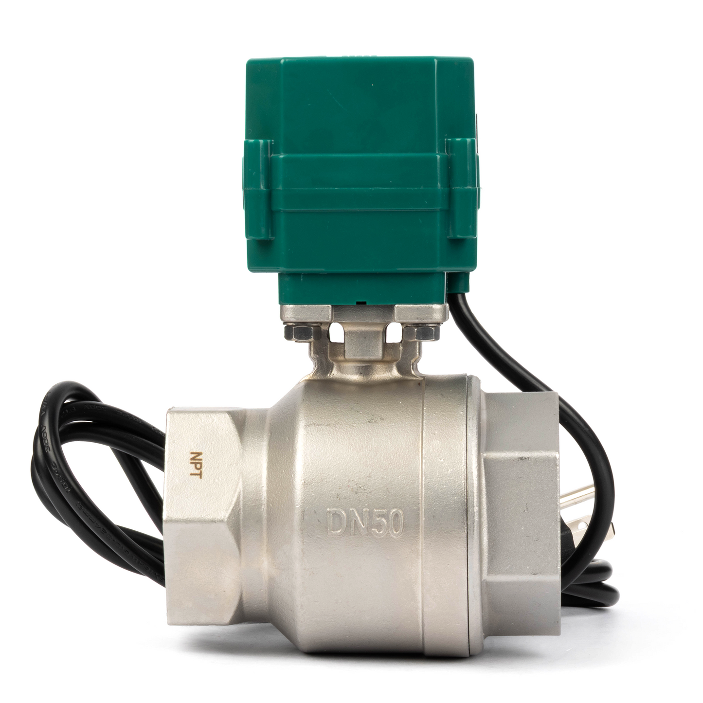 U.S. Solid 2" motoriseret kugleventil, 110VAC, rustfrit stål, automatisk retur, normalt lukket, med amerikansk stik