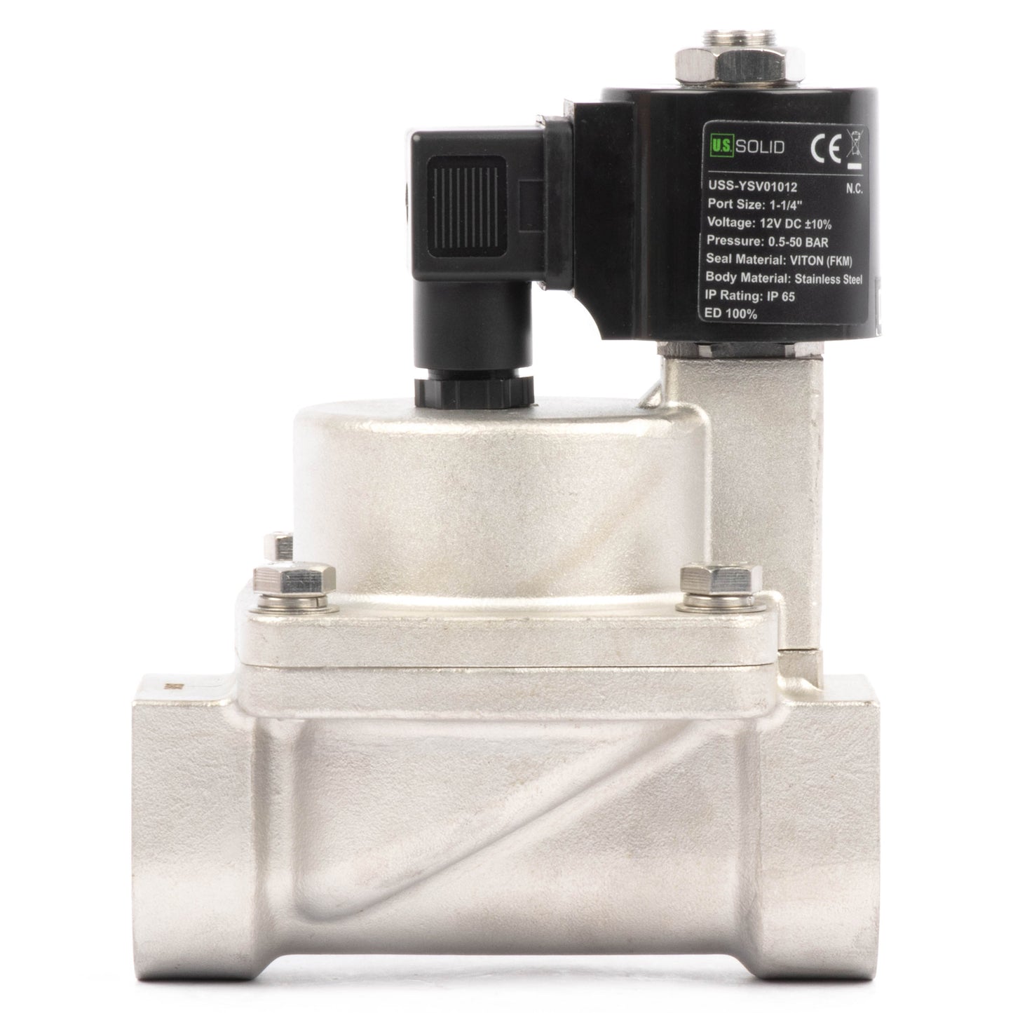 Électrovanne haute température - Acier inoxydable 1-1/4", 725 PSI, 12 V CC, 150 °C (302 °F), normalement fermée, joint VITON