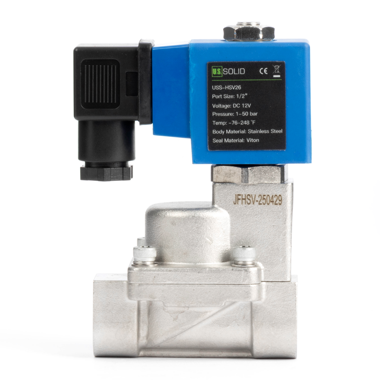 1/2" High Pressure Solenoid Valve - 0-50 bar Stainless Steel, 12V DC High-Pressure High-Temperature Solenoid Valve, 248°F, Viton Seal, Normally Closed