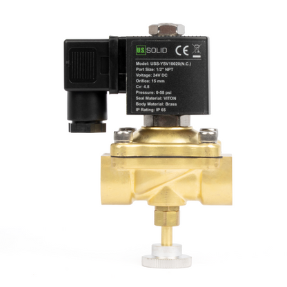Válvula solenoide elétrica de latão de 3/4", acionamento manual, normalmente fechada, 24 V CA