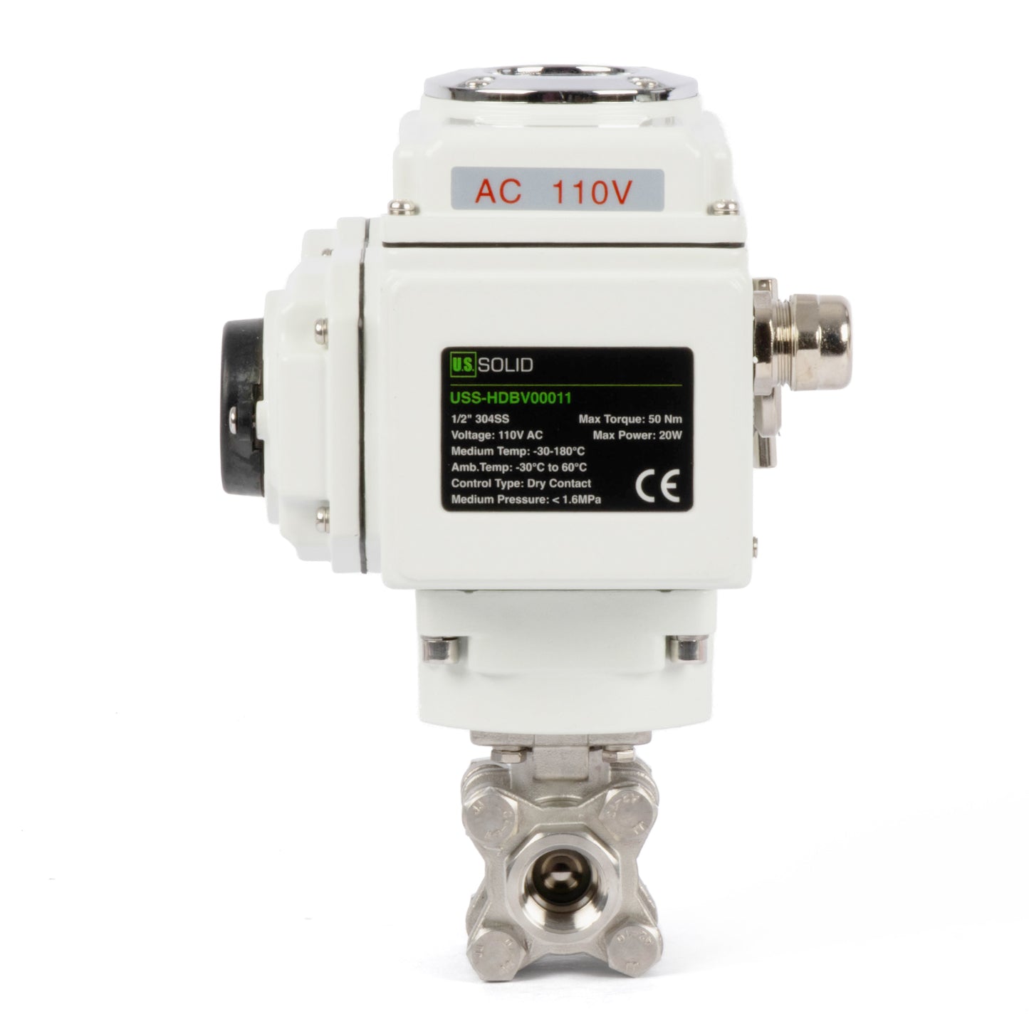 1/2" Electric Actuated Ball Valve, 110V AC Heavy Duty 3-Piece Industrial Ball Valve,304SS, ON/OFF Type, Dry Contact