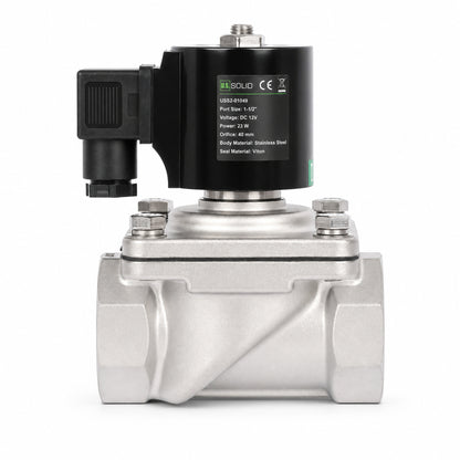 Électrovanne 1-1/2" - Acier inoxydable 12 V CC normalement fermée avec joint Viton, type boîte de jonction