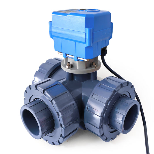 1-1/4" UPVC 3-Way Motorized Ball Valve (T2 Type), Union & Socket End, 2 Wire Auto Return, DC 24V, with Manual Override
