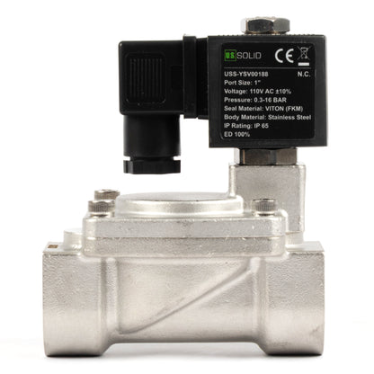 Válvula solenoide de 1" em aço inoxidável - 110V/220V AC, normalmente fechada, 4,4-232 PSI, com vedação em VITON.