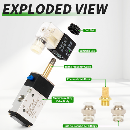 U.S. Solid 1/4인치 3방향 2위치 공압 솔레노이드 밸브, DC 12V, 상시 닫힘, 부속품 및 소음기 포함