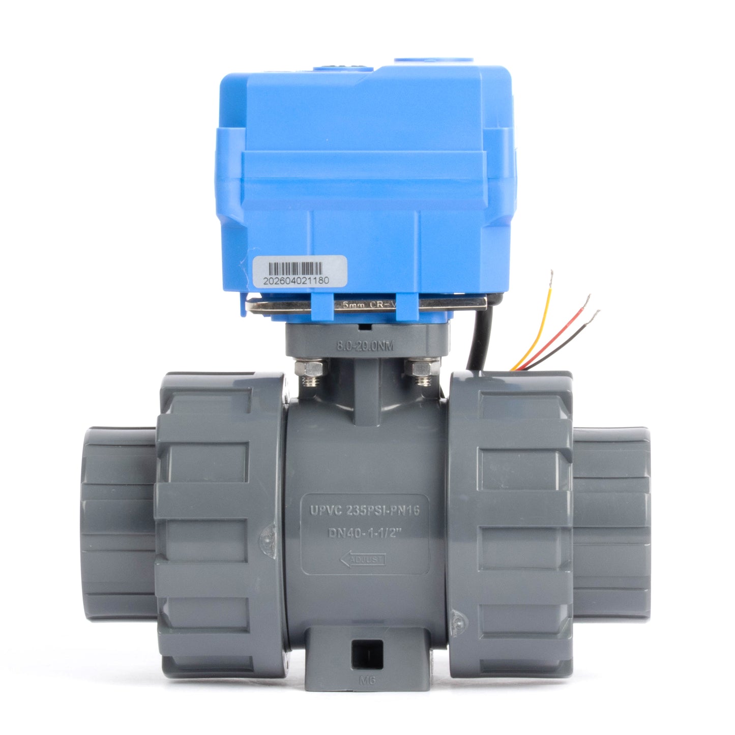 Válvula de bola motorizada de UPVC de doble unión de 1-1/2" - 24 V CC, control único de 3 cables, con anulación manual y sello de EPDM.