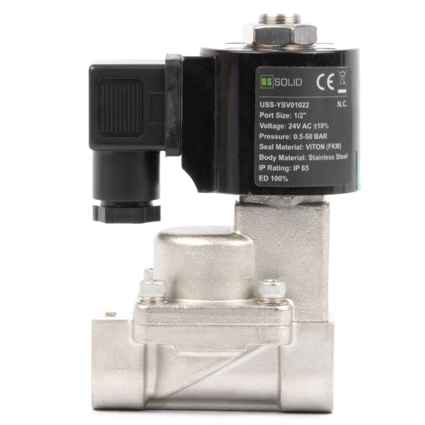 Hogetemperatuur magneetventiel - 1/2" roestvrij staal, 725 PSI, 24V AC, 302°F (150°C), normaal gesloten, VITON-afdichting