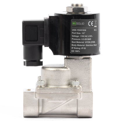 Høytemperatur magnetventil - 1/2" rustfritt stål, 725 PSI, 110V/220V AC, 302°F (150°C), normalt lukket, VITON-tetning