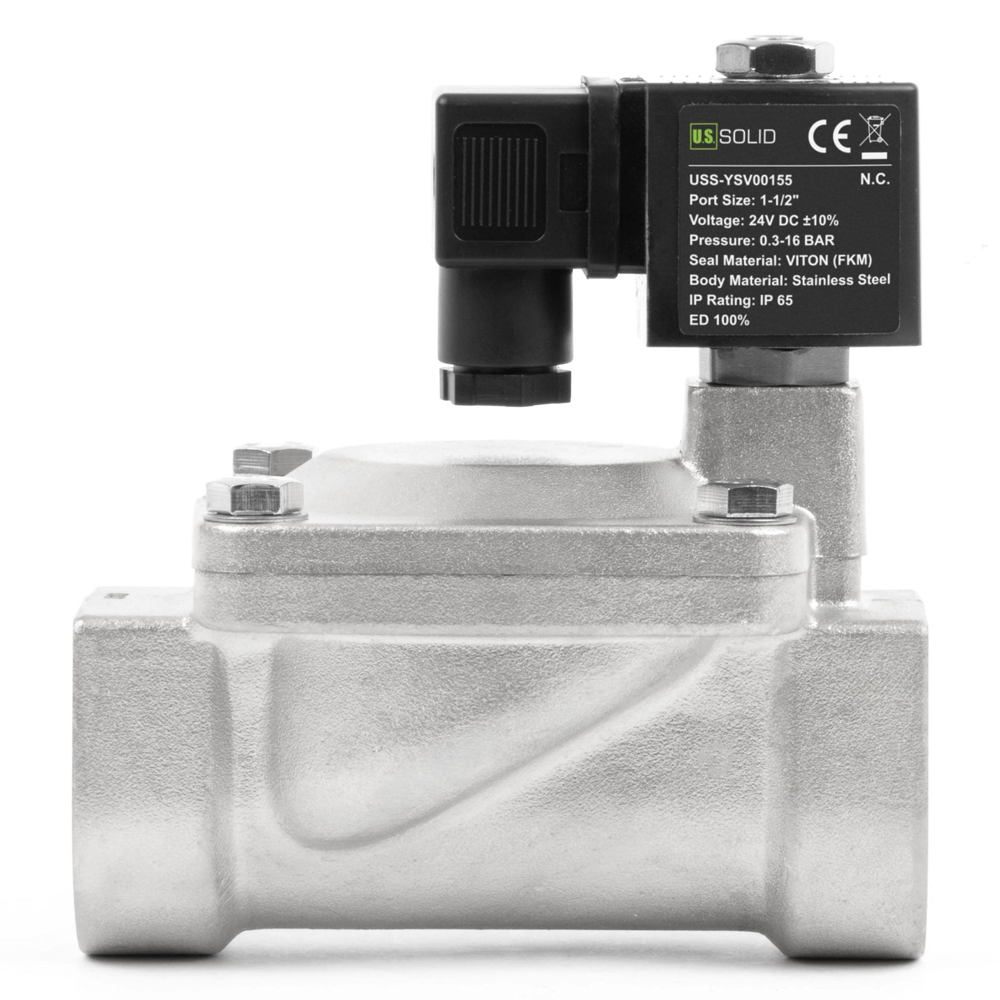 Válvula solenoide de acero inoxidable de 1-1/2" - 24 V CC, normalmente cerrada, 4.4-232 PSI, junta de VITON
