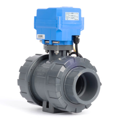 2" dobbelunion UPVC motorisert kuleventil - DC 24V, 3-leder dobbelkontroll, med manuell overstyring og EPDM-tetning