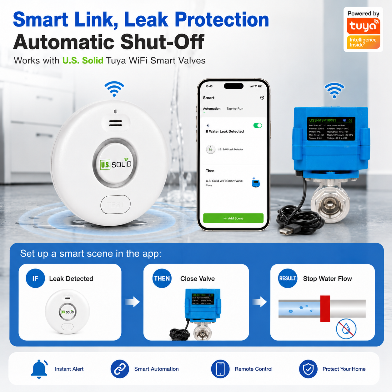 WiFi-vannlekkasjedetektor, Tuya Smart-app for flomsensoralarm, 120 dB høyt varsel, sanntidsvarsling