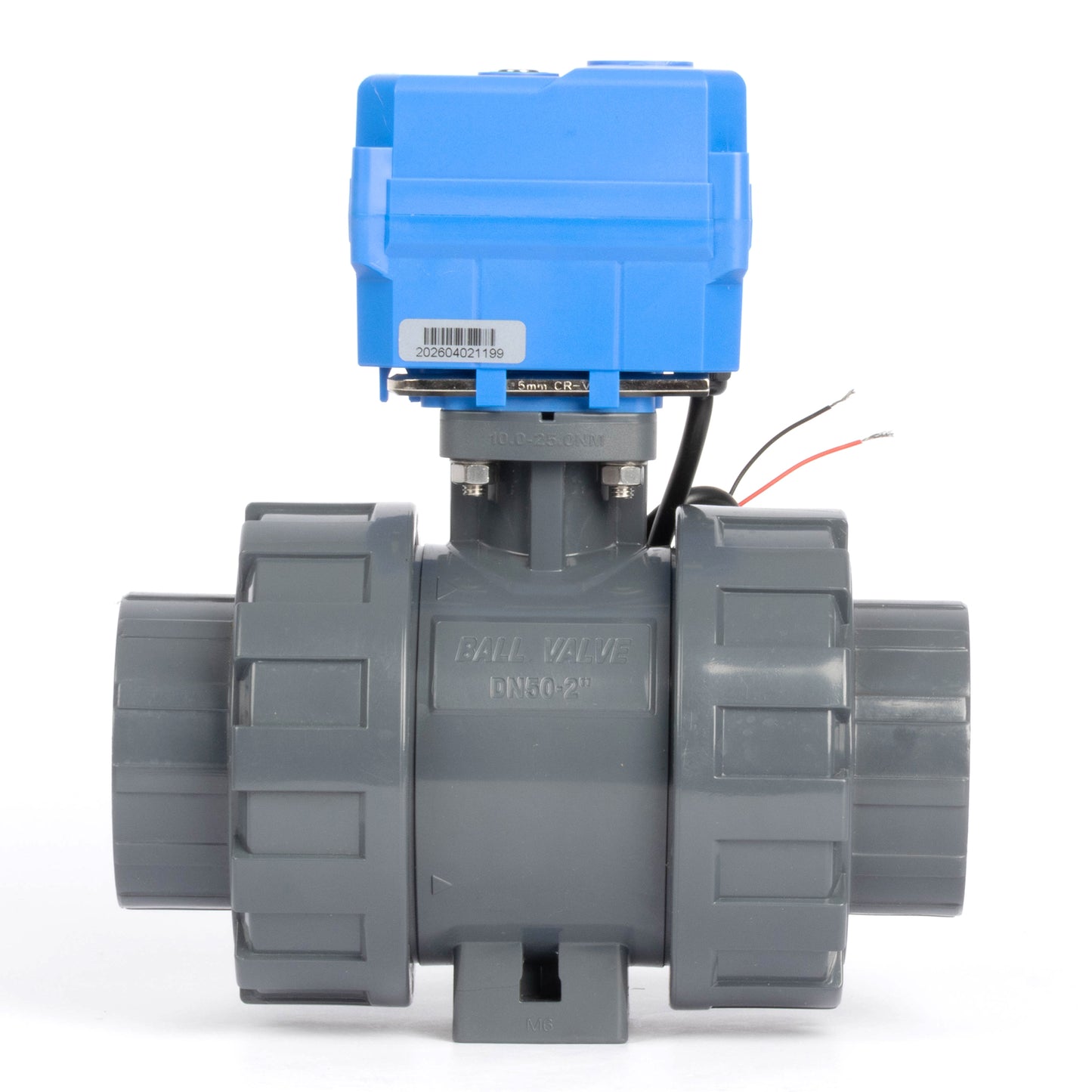 2" dobbelunion UPVC motorisert kuleventil - DC 24V, 2-leders automatisk retur, normalt lukket med manuell overstyring og EPDM-tetning