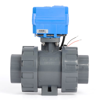 2" dobbelunion UPVC motorisert kuleventil - DC 24V, 2-leders automatisk retur, normalt lukket med manuell overstyring og EPDM-tetning