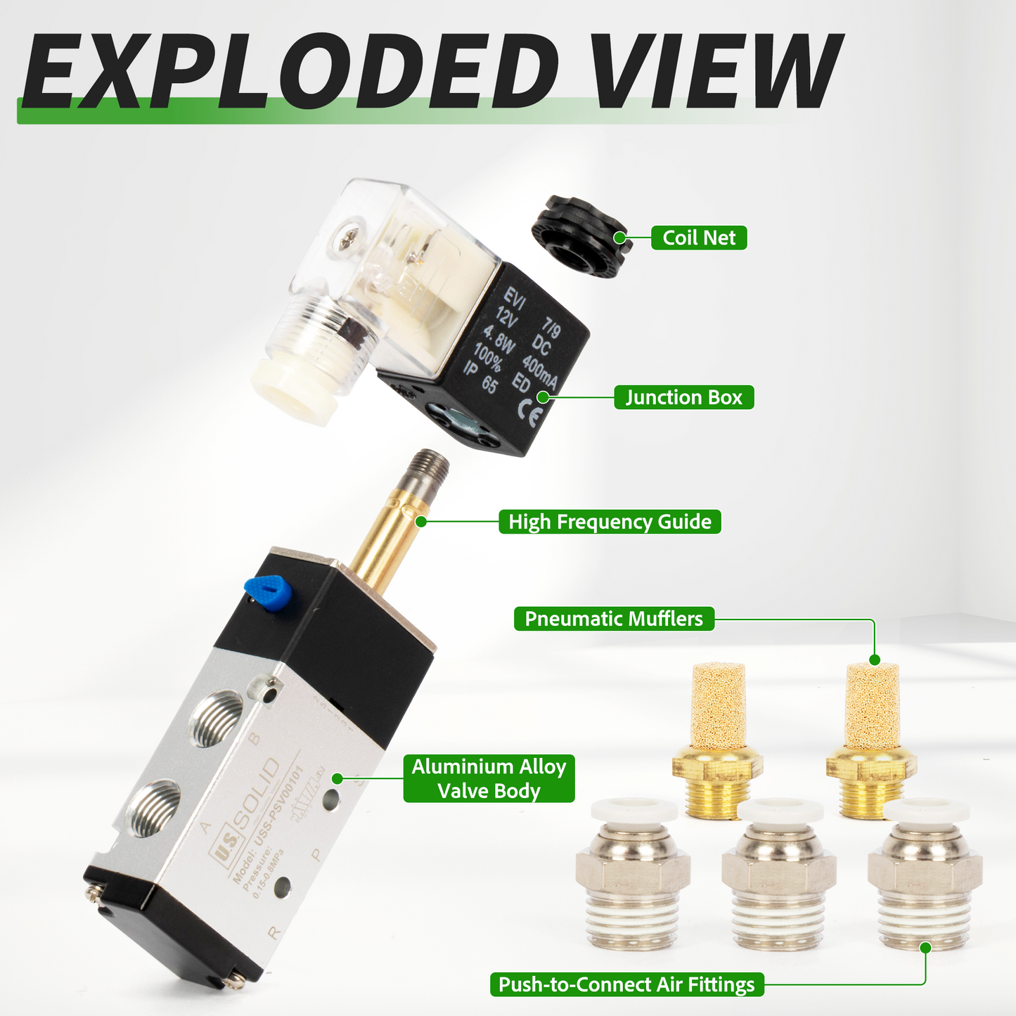U.S. Solid 1/4인치 5방향 2위치 공압 솔레노이드 밸브, DC 12V, 상시 닫힘, 부속품 및 소음기 포함