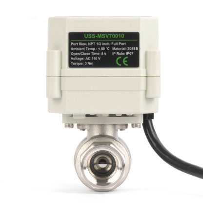Válvula de bola motorizada de 1/2" y 2 vías con temporizador - Acero inoxidable 304. Válvula de drenaje automática con control de tiempo de 00:00 a 99:59:59, IP67, CA/CC 9–24 V.