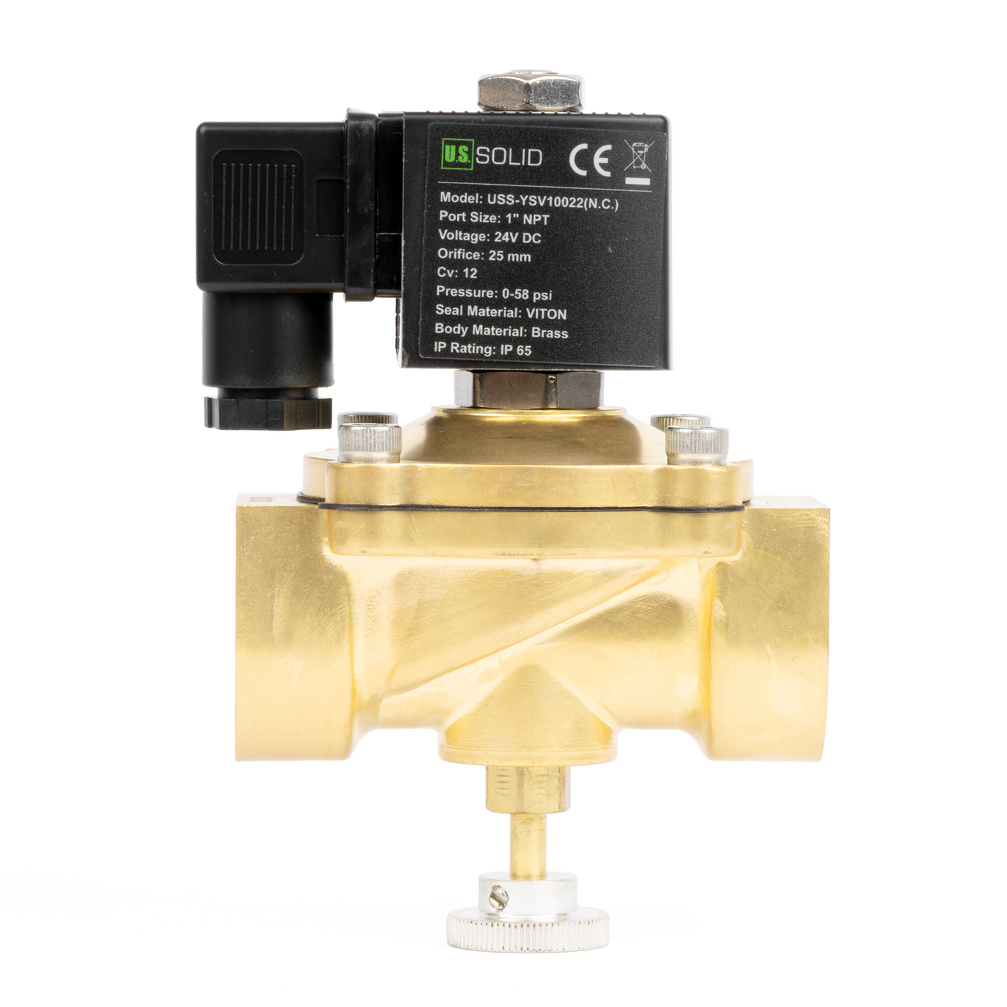 Válvula solenoide elétrica de latão de 3/4", acionamento manual, normalmente fechada, 24 V CA